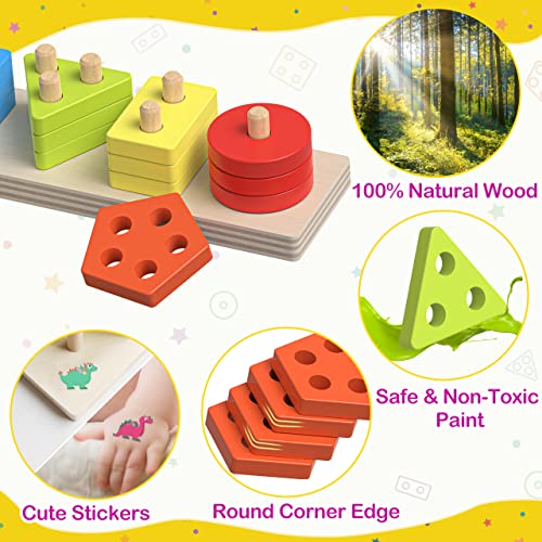 pigipigi Montessori Toys for Toddlers- Wooden Sorting Stacking Blocks for 1 2 3 4 Years Old Baby Boys Girls Learning Shape Color Preschool Educational Activity Game Christmas Birthday Easter Gift
