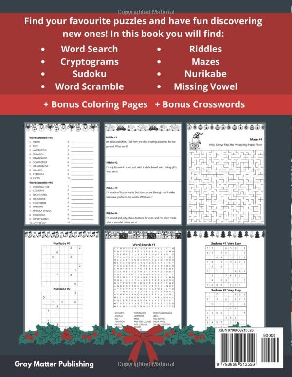 Christmas Activity Book for Adults: 150+ Puzzles & Activities including Sudoku, Word Search, Nurikabe, Mazes & More