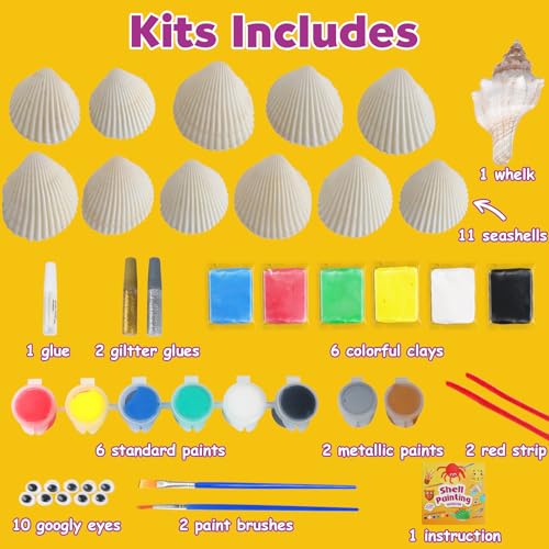 pigipigi Sea Shell Painting Kit for Kids: Art Craft Toy Gift for Toddler Boy Girl Ages 4 5 6 7 8 9 10 11 12 Year Old - Creative DIY Art Supplies for Birthday Christmas Easter Party Game Activities