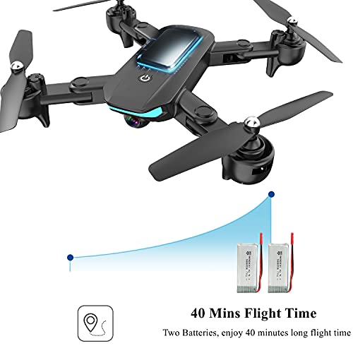 WiFi FPV Drone with 1080P HD Camera, 40 Mins Flight Time,Foldable Drone for Beginners,Altitude Hold Mode, RTF One Key Take Off/Landing,3D Flips 2 Batteries, APP Control, Easy Toy for Kids & Adults