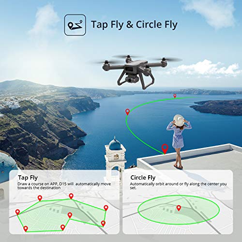 DEERC D15 GPS Drone with 4K UHD EIS Camera, Anti-Shake, 5G FPV Live Video, 130° Wide Angle, 90 Adjustable, Brushless Motor, Auto Return Home, Follow Me, Tap-Fly, Optical Flow, Quadcopter for Adults