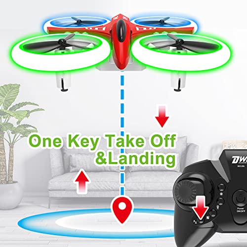 Dwi Dowellin 4.9 Inch Mini Drone for Kids Crash Proof LED Lights One Key Take Off Landing Flips RC Remote Control Small Drones Toys for Beginners Boys and Girls Adults Nano Quadcopter, Red