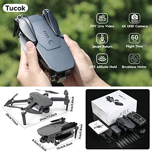 Tucok 012S Drones with Camera for Adults 4K,60 Mins Long Flight Time,GPS 5G FPV Quadcopter for Beginners with Optical Flow Positioning,Auto Return Home,Follow Me,Waypoint Flight,Brushless Motor
