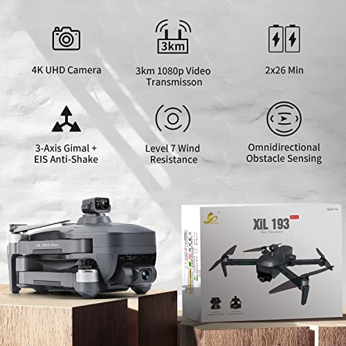 XiL 193MAX1 GPS Drone with Camera for Adults,4K EIS Camera Drone with Obstacle Avoidance,3-Axis Gimbal Quadcopter With 52 Min Long Flight Time,9800ft 5Ghz Transmission,Auto Return Home,Brushless Motor