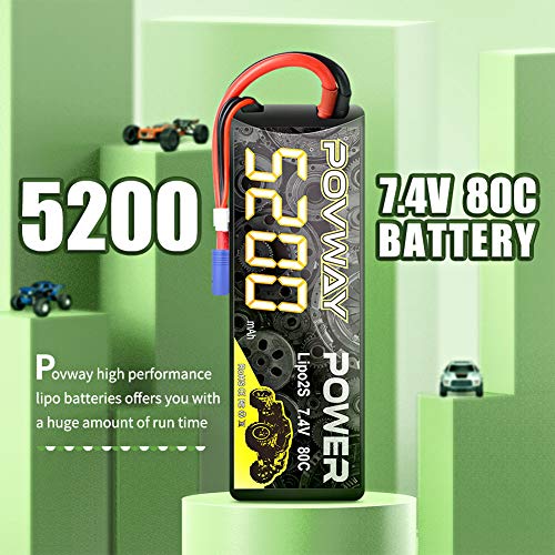 POVWAY 2S Lipo Battery 5200mAh 80C 7.4V RC Battery Hard Case with EC3 Plug for RC Cars, RC Truck, RC Airplane, RC Helicopter, Drone, Quadcopter - 2pack