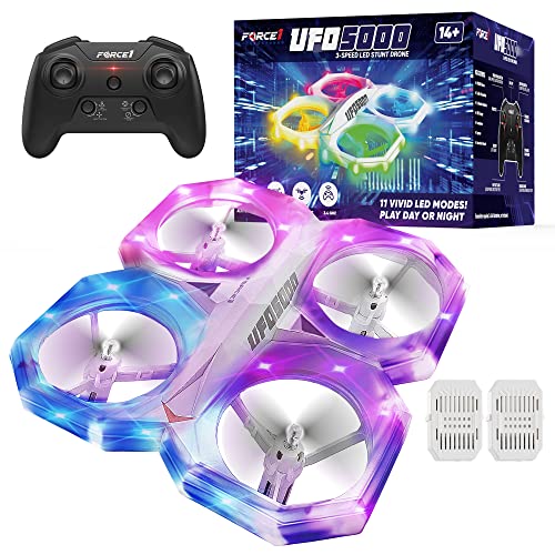 Force1 UFO 5000 Mini Drone for Kids - LED Remote Control Drone Flying Toy, Small RC Quadcopter for Beginners with Leds, 2.4 GHz Remote Control, 360 Flips, 11 LED Modes, 3 Speeds, 2 UFO Drone Batteries