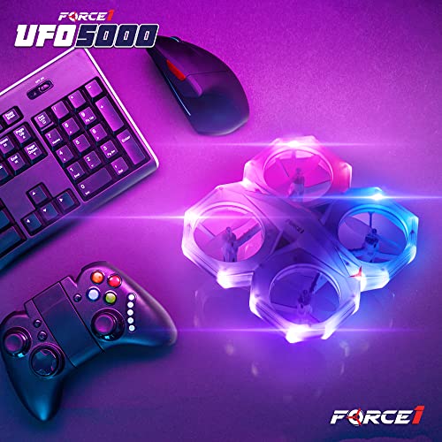 Force1 UFO 5000 Mini Drone for Kids - LED Remote Control Drone Flying Toy, Small RC Quadcopter for Beginners with Leds, 2.4 GHz Remote Control, 360 Flips, 11 LED Modes, 3 Speeds, 2 UFO Drone Batteries