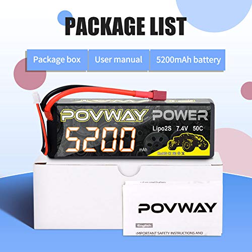 POVWAY 5200mAh 2S LiPo Battery 50C 7.4V RC Battery Hard Case with Dean-Style T Connector for RC Cars, RC Truck, RC Airplane, RC Helicopter, Drone, Quadcopter (2S 5200mAh 50C Tplug -2pack)