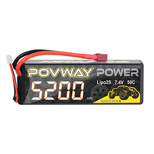POVWAY 5200mAh 2S LiPo Battery 50C 7.4V RC Battery Hard Case for RC Cars, RC Truck, RC Airplane, RC Helicopter, Drone, Quadcopter (2S 5200mAh 50C Tplug -1pack)