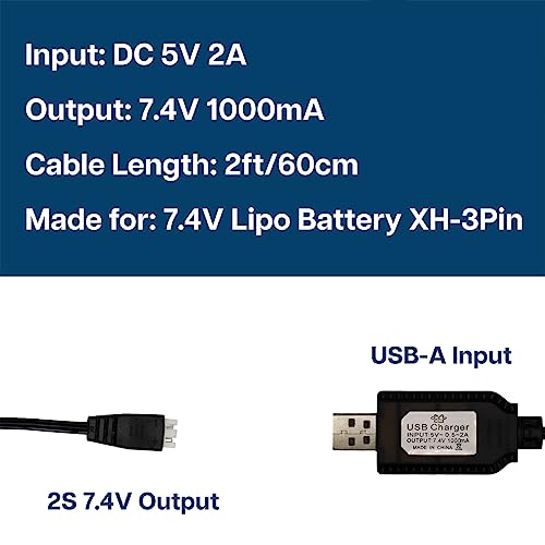 MMOBIEL 2 Pcs USB Charger Cable LED Indicator Compatible with 800mA 2S 7.4V LiPo Batteries for RC Drones / Quadcopter / Vehicles with XH-3P Connector