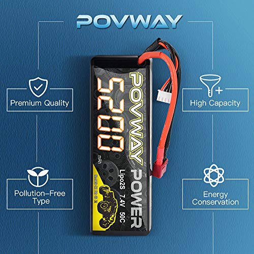 POVWAY 5200mAh 2S LiPo Battery 50C 7.4V RC Battery Hard Case for RC Cars, RC Truck, RC Airplane, RC Helicopter, Drone, Quadcopter