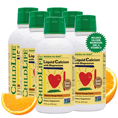 ChildLife Essentials Liquid Calcium Magnesium Supplement - Supports Healthy Bone Growth for Children, Contains Vitamin D3 & Zinc, All-Natural, Gluten Free & Non-GMO - Natural Orange Flavor, 16 Fl Oz Bottle (Pack of 6)