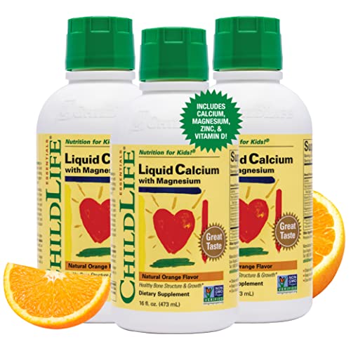 ChildLife Essentials Liquid Calcium Magnesium Supplement - Supports Healthy Bone Growth for Children, Contains Vitamin D3 & Zinc, Gluten Free & Non-GMO - Natural Orange Flavor, 16 Fl Oz (Pack of 3)