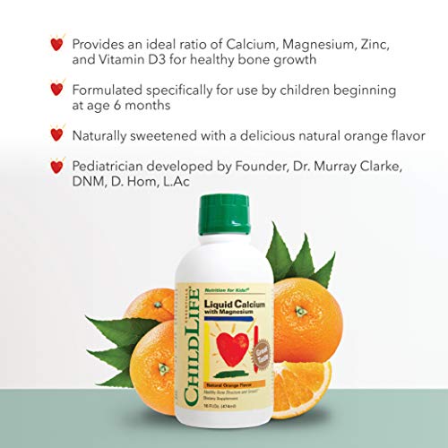 ChildLife Essentials Liquid Calcium Magnesium Supplement - Supports Healthy Bone Growth for Children, Contains Calcium, Magnesium, Zinc, & Vitamin D3, All-Natural, Gluten Free & Non-GMO - Natural Orange Flavor, 16 Ounce Bottle