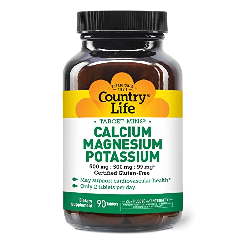 Country Life Target-Mins Calcium Magnesium Potassium 500mg/500mg/99mg - Cardiovascular Health & Calcium Utilization Support Supplement - Gluten-Free, Vegan, Kosher - 90 Tablets
