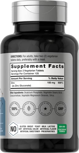 Chelated Zinc Supplement 100mg | 250 Tablets | High Potency & Superior Absorption | Vegetarian, Non-GMO, Gluten Free | by Horbaach