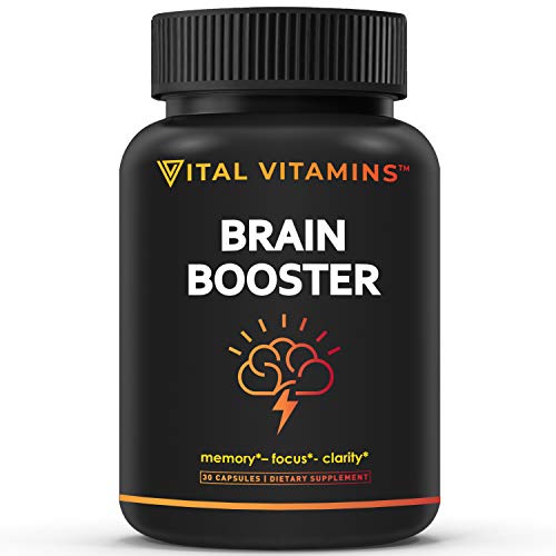 Vital Vitamins Brain Booster - Memory, Focus, & Concentration - Nootropics Brain Support Supplement - for Adult Men & Women - w/Ginkgo Biloba, DMAE, Vitamin B12 - Energy Supplements - 30-Day Supply