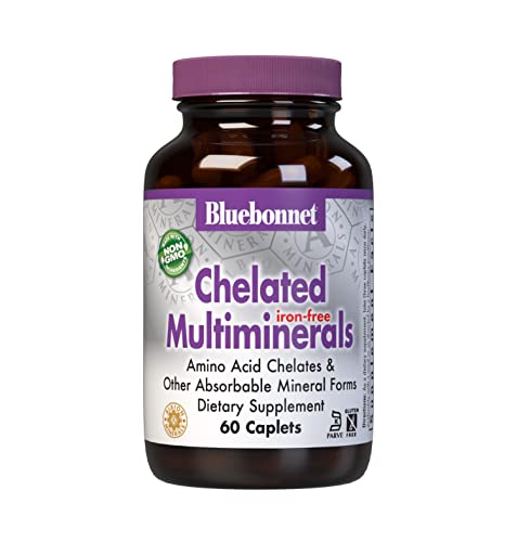 Bluebonnet Nutrition High Potency Chelated Multiminerals (Iron-Free), Albion Chelated Minerals, Soy-Free, Gluten-Free, Non-GMO, Kosher Certified, Dairy-Free, 60 Caplets, 20 Servings