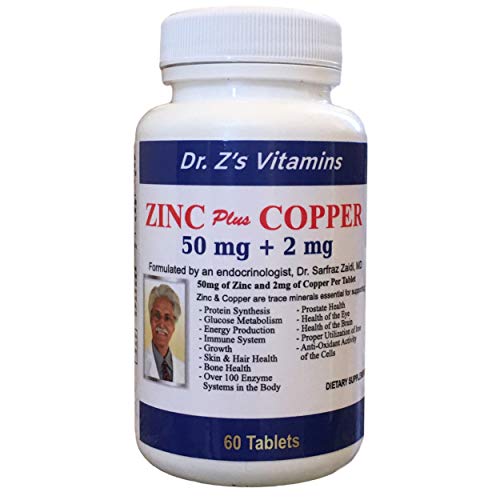 Dr. Z's Vitamins: Zinc Plus Copper - 50 MG of Chelated Zinc and 2 MG of Copper - Supports: Energy, Immune System, Skin & Hair, Glucose Metabolism, Eye and Brain - 60 Easy to Swallow Tablets
