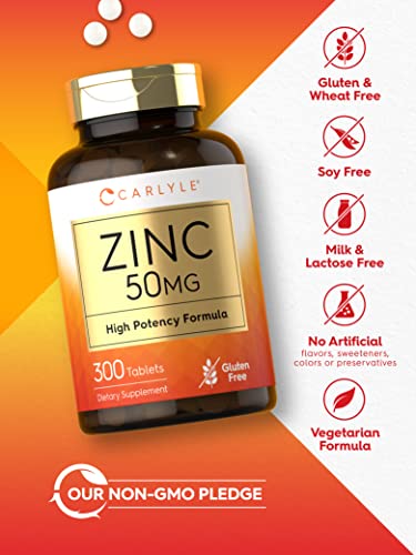 Zinc 50mg | 300 Tablets | Vegetarian, Non-GMO, and Gluten Free Supplement | Zinc Gluconate | High Potency Formula | by Carlyle