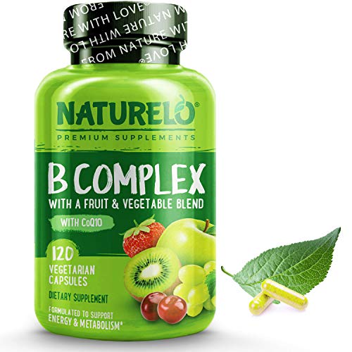 NATURELO Vitamin B Complex with Methyl B12, Methyl Folate, Vitamin B6, Biotin Plus Choline, CoQ10, and Fruit & Vegetable Blend - Supports Energy & Healthy Stress Response - Vegan - 120 Capsules