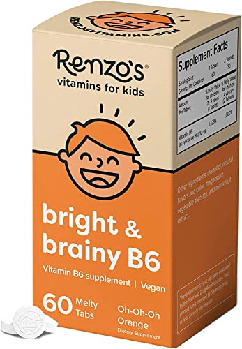 Renzo's Bright & Brainy B6, Dissolvable Vegan Vitamins for Kids, Zero Sugar, Oh-Oh-Oh Orange Flavor, 60 Melty Tabs