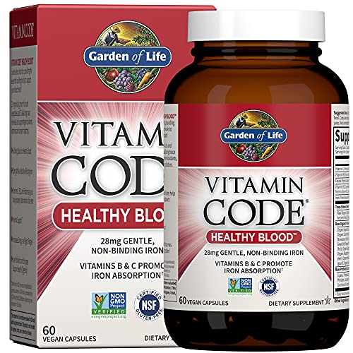 Garden of Life Vitamin Code Iron Supplement, Healthy Blood - 60 Vegan Capsules, 28g Iron, Vitamins B, C, Trace Minerals, Fruit Veggies, Probiotics - Iron Supplements for Women Energy, Anemia Support