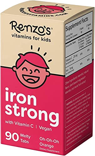 Renzo's Iron Supplements Dissolvable Vegan for Kids Children, Sugar Free for Anemia, Oh-Oh-Oh Orange Flavor, 90 Melty Tabs