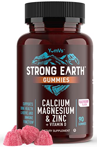 Calcium, Magnesium, Zinc & Vitamin D Gummies by YumVs | Cal Mag Chewable Gummy Supplement for Adults Women & Men | Vegetarian Kosher Halal Natural Raspberry Flavor Gummies - 90 Count