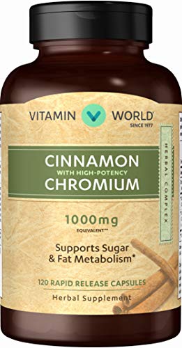 Vitamin World Cinnamon 1000 mg. Complex 120 Capsules, Chromium, High-Potency, Metabolism, Gluten Free