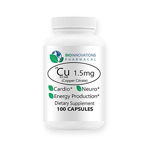 Bio-Innovations Cu 1.5mg (Copper Citrate) Highly Bioavailable Supports Nervous System, Collagen Synthesis for Bones Joints and Cardiovascular System, Iron Metabolism, Energy Production - 100 Capsules