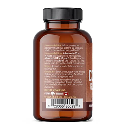 Copper Glycinate Mineral Supplement -1 mg - 60 Vegan Caps by Pure Lab Vitamins - Essential for Collagen Production, Supports Immune System & Red Blood Cell Formation - Gluten Free Made in Canada