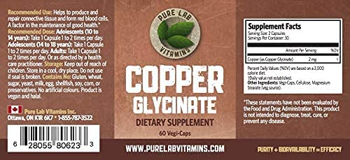 Copper Glycinate Mineral Supplement -1 mg - 60 Vegan Caps by Pure Lab Vitamins - Essential for Collagen Production, Supports Immune System & Red Blood Cell Formation - Gluten Free Made in Canada