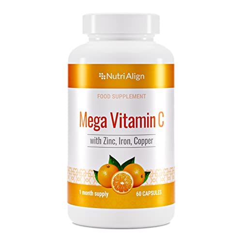 Nutri-Align Mega Vitamin C 1000mg Fortified with Zinc, Iron and Copper. Powerful Immune System Boost. Sugar-Free, Gluten-Free. 60 Capsules - 1 Month Supply.