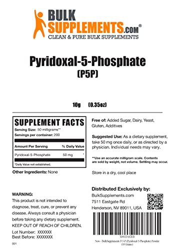 BulkSupplements.com Pyridoxal 5 Phosphate Powder - Vitamin B6 Supplement, P-5-P Powder - 50mg of P5P Supplement per Serving, Gluten Free (10 Grams - 0.35 oz)
