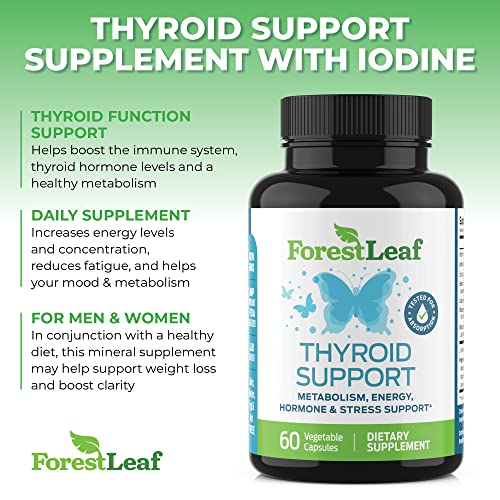 Thyroid Support Supplement with Iodine - All Natural Mineral and Vitamin Complex with B12, Zinc, Selenium, and More - 60 Caps (30 Day Supply) - by Forestleaf