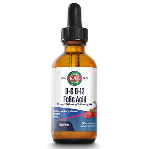 KAL Vitamin B-6 B-12 Folic Acid DropIns, Liquid Vitamin B Supplement Drops, Heart Health, Energy, Red Blood Cell Support with Methyl B12 and Methyl Folate, Natural Mixed Berry Flavor, 59 Servings, 2oz