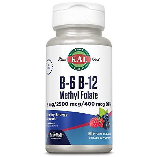 KAL Vitamin B-6 B-12 Methyl Folate ActivMelt, Vitamin B Supplement, Heart Health, Energy and Red Blood Cell Support with Methyl B12 and DFE Folic Acid, Natural Berry Flavor, 60 Servings, 60 Micro Tabs