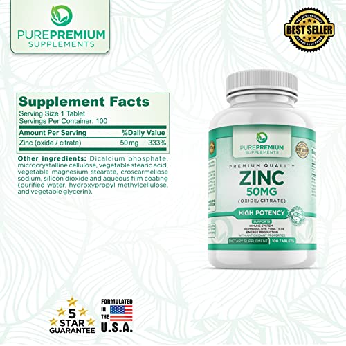 PurePremium Zinc Supplements for Men and Women - Vitamin Zinc Citrate/Oxide for Adults - High Potency Zinc 50mg, a Natural Antioxidant, Energy & Immune Support - 100 Zinc 50 mg Tablets