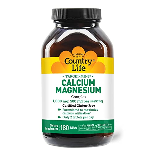 Country Life Target-Mins Calcium Magnesium Complex 1000mg/500mg, 180 Tablets, Certified Gluten Free, Certified Vegan, Certified Non-GMO Verified