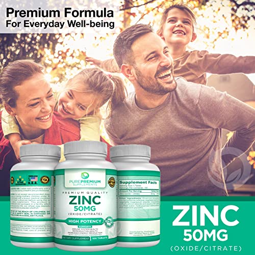 PurePremium Zinc Supplements for Men and Women - Vitamin Zinc Citrate/Oxide for Adults - High Potency Zinc 50mg, a Natural Antioxidant, Energy & Immune Support - 100 Zinc 50 mg Tablets