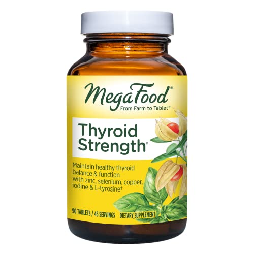 MegaFood Thyroid Strength - Mineral Supplement for Thyroid Support with Zinc, Selenium, Copper, Iodine and LTyrosine - an Herb Blend with Ashwagandha- Vegetarian - 90 Tabs (45 Servings)