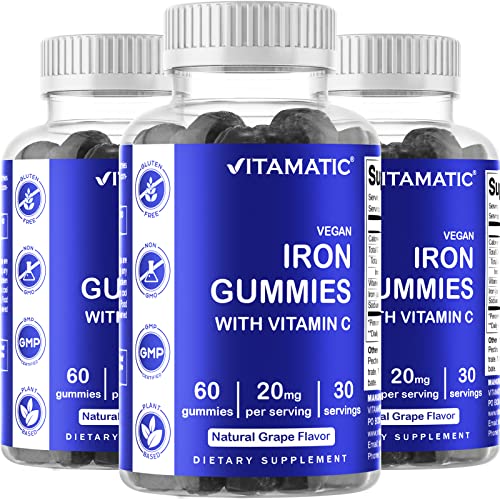 Vitamatic Iron Gummies Supplement for Women & Men - 20mg Serving - 60 Vegan Gummies - Great Tasting Iron Gummy Vitamins with Vitamin C (60 Count (Pack of 3))