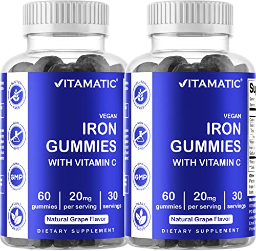 Vitamatic Iron Gummies Supplement for Women & Men - 20mg Serving - 60 Vegan Gummies - Great Tasting Iron Gummy Vitamins with Vitamin C (60 Count (Pack of 2))