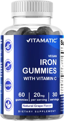 Vitamatic Iron Gummies Supplement for Women & Men - 20mg Serving - 60 Vegan Gummies - Great Tasting Iron Gummy Vitamins with Vitamin C (60 Count (Pack of 1))
