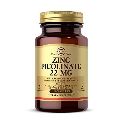 Solgar Zinc Picolinate 22 mg, 100 Tablets - Promotes Healthy Skin - Supports Immune System, Normal Taste & Vision - Antioxidant - Non GMO, Vegan, Gluten Free, Dairy Free, Kosher - 100 Servings
