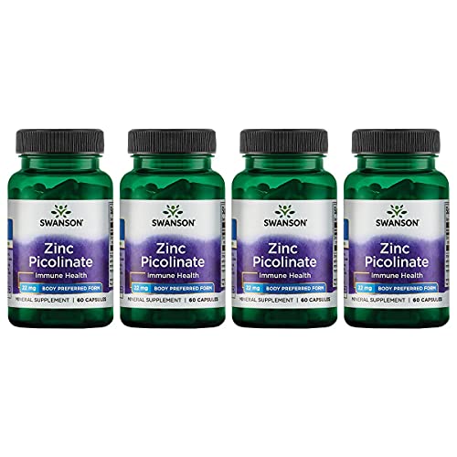 Swanson Zinc Picolinate - Mineral Supplement Promoting Prostate Health, Vision Health, & Immune Support - Body Preferred Form of Chelated Zinc - (60 Capsules, 22mg Each) 4 Pack