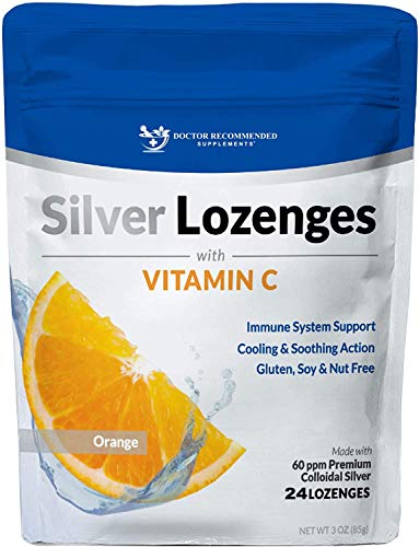 Silver Lozenges with Vitamin C - Premium Nano Silver 60 PPM Colloidal Silver, Organic Honey and Vitamin C Mineral Supplement Drops to Support Immune System, Soothe Cough & Throat - 24 Orange Lozenges