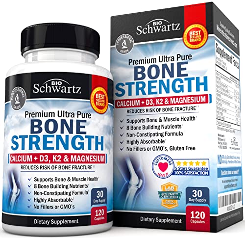 Bone Strength Supplement with Calcium + D3, K2 & Magnesium - Highly Absorbable Vitamin Blend for Bone & Muscle Support - Non-Constipating Formula - 8 Bone Building Nutrients