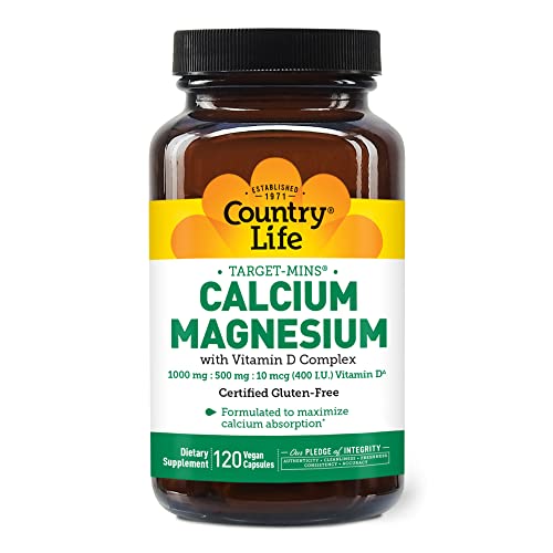 Country Life Target-Mins Calcium Magnesium with Vitamin D-Complex, 1000mg/500mg/10mcg, 120 Vegan Capsules, Certified Gluten Free, Certified Vegan, Verified Non-GMO Verified